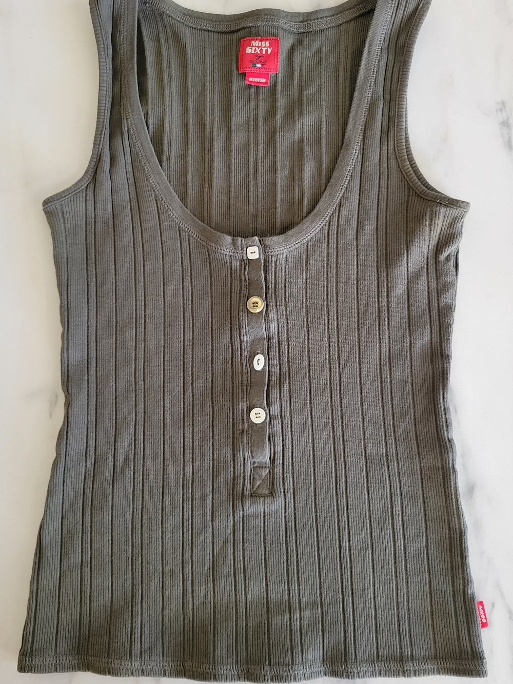 VTG Miss Sixty Ribbed Henley Tank Top Olive Green Medium Y2K Elena Gilbert TVD